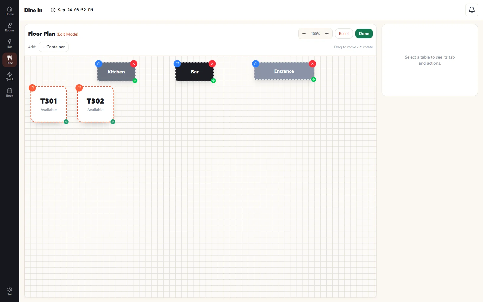 Drag-and-drop floor plan editor with resizable tables