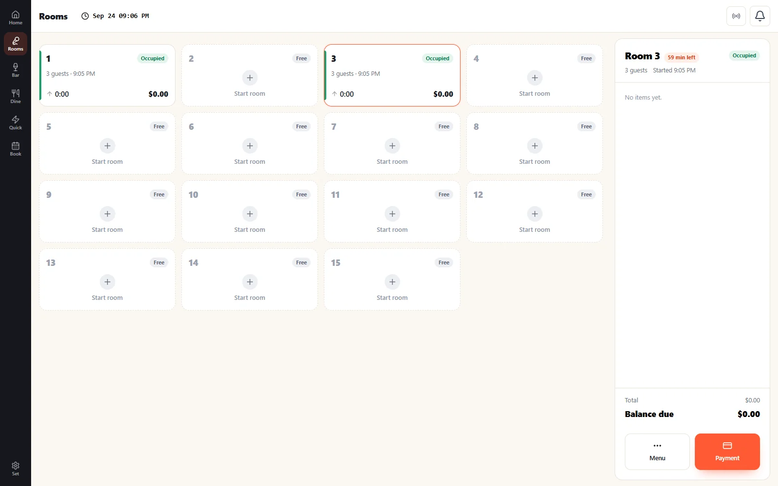 Rooms grid with live count-up and count-down timers