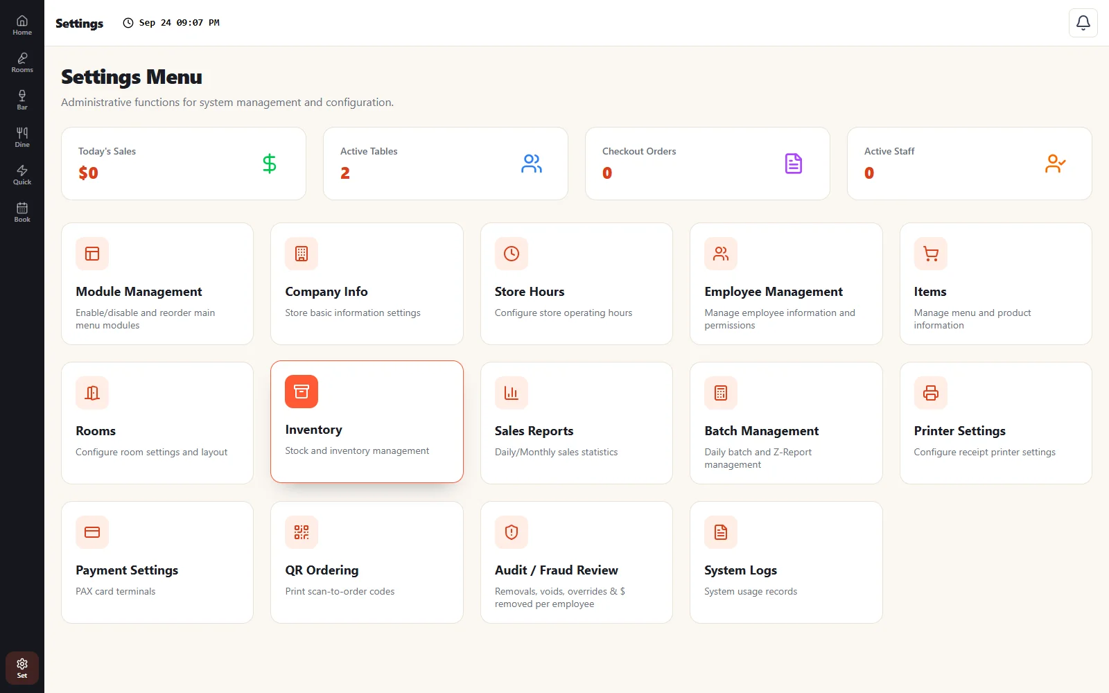Settings menu: items, rooms, employees, printers, payments, QR, audit